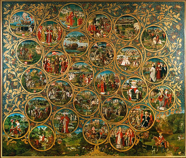 The Babenberg family tree triptych at Klosterneuburg Monastery (c. 1490, based on the genealogy by Ladislaus Sunthaym)