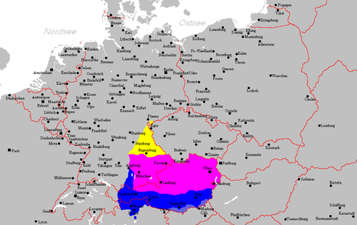תפוצת הבווארית על ניביה: צפוני (צהוב), מרכזי (ורוד) ודרומי (כחול)