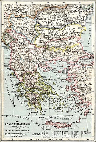 The Balkans at the time of the formation of the Balkan League, before the Balkan Wars.