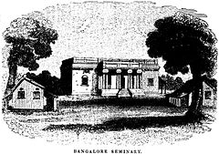 Bangalore Seminary (1843) From the 'Evangelical Magazine and Missionary Chronicle: Vol XXI' (p.193). The London Mission Seminary was established early 19th Century, located at the beginning of Mission Road. This has since been demolished and the land is part of the Mitralaya School Campus Bangalore Seminary - Copy.jpg