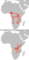 Image 711 = 3000 – 1500 BC origin 2 = c. 1500 BC first migrations      2.a = Eastern Bantu,      2.b = Western Bantu 3 = 1000 – 500 BC Urewe nucleus of Eastern Bantu 4 – 7 = southward advance 9 = 500 BC – 0 Congo nucleus 10 = 0 – 1000 CE last phase (from History of Africa)