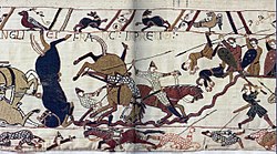 Battle of Hastings. Knights and horses in the affray