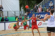 Deutsch: Beachhandball Europameisterschaften 2019 (Beach handball Euro); Tag 6: 7. Juli 2019 – Spiel um Platz Drei, Männer, Ungarn-Russland 2:0 (26:20, 23:22) English: Beach handball Euro; Day 6: 7 July 2019 – Men's Bronze Medal Match – Hungary-Russia 2:0 (26:20, 23:22)