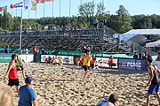 Deutsch: Beachhandball Europameisterschaften 2019 (Beach handball Euro); Tag 1: 2. Juli 2019 – Männer, Vorrunde Gruppe D, Frankreich-Montenegro 2:0 (19:7, 18:9) English: Beach handball Euro; Day 1: 2 July 2019 – Men Preliminary Round Group D – France-Montenegro 2:0 (19:7, 18:9)