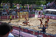 Deutsch: Beachhandball bei den Olympischen Jugendspielen 2018; Tag 3, 10. Oktober 2018; Mädchen, Vorrunde, Gruppe B - Niederlande-Argentinien 2:0 English: Beach handball at the 2018 Summer Youth Olympics at 10 October 2018 – Girls Preliminary Round Group B‎ – Netherlands-Argentina 2:0