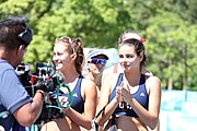 Deutsch: Beachvolleyball bei den Olympischen Jugendspielen 2018; Tag 9, 15. Oktober 2018; Mädchen, Viertelfinale: USA-Spanien 2–1 (21–19/17–21/15–9) English: Beach volleyball at the 2018 Summer Youth Olympics at 15 October 2018 – Girls Quarterfinals: USA-Spain 2–1 (21–19/17–21/15–9)