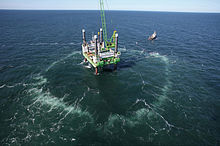 Bubble curtain used during installation of monopiles at the German Borkum West-2 offshore wind farm Big Bubble Curtain Borkum-West-2.jpg