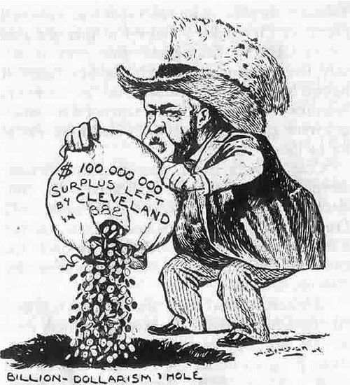 Benjamin Harrison and the Congress are portrayed as a "Billion-Dollar Congress," wasting the surplus in this cartoon from Puck.