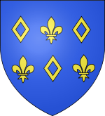 Blason de la commune de La Bruffière: D'azur aux trois mâcles d'or accompagnées de trois fleurs de lys du même mal ordonnées