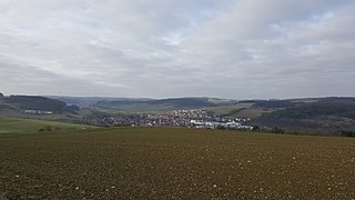 View west from Neugereut near Schweigern into the Umpfertal to Schweigern and behind it Boxberg