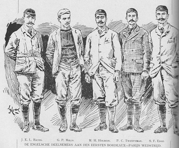 S.F. Edge (far right) in the English Cycle Team, Bordeaux-Paris 1891 won by G.P. Mills second from left. Others in the picture: J.E.L. Bates, M.A. Hol