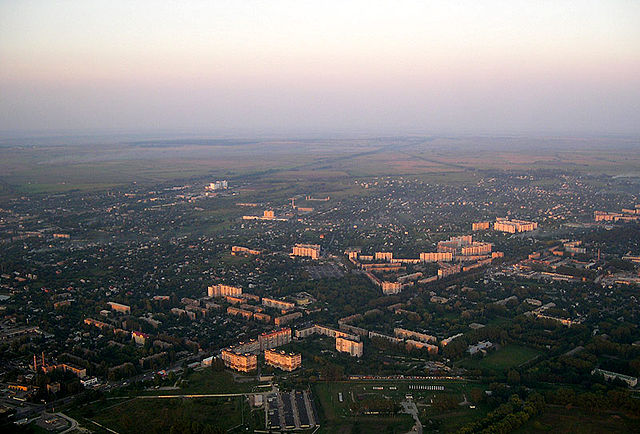 Aerial view of Boryspil, home of the Boryspil Airport from an airplane.