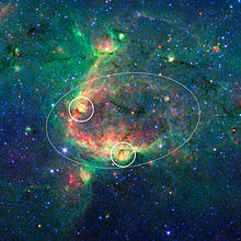 An example of what is called a hierarchical bubble structure, in which one giant bubble, carved into the dust of space by massive stars, has triggered the formation of smaller bubbles Bubbles Within Bubbles.jpg