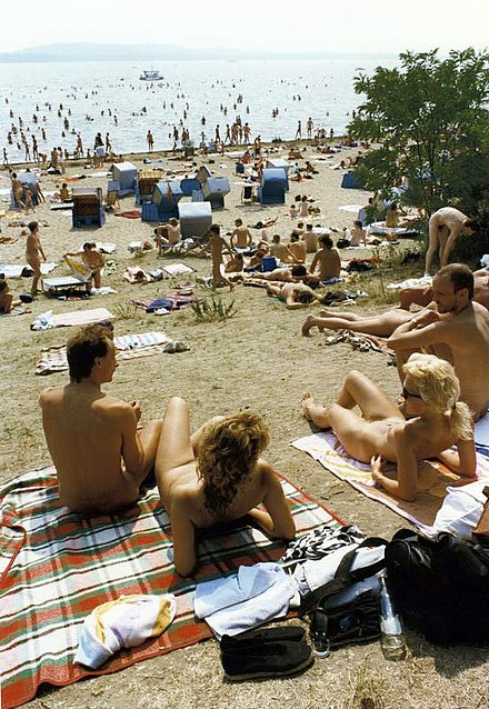 Sunbathers at Müggelsee lake beach, East Berlin in 1989