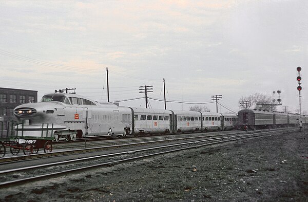 An Aerotrain operating in suburban service in April 1965 as Chicago, Rock Island and Pacific Railroad No. 2 at Chicago's Englewood station.