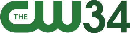 The CW network logo in green next to the number 34 in a slightly darker green