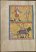 Calendar, October, men sowing and ploughing, a woman spinning - Psalter of Eleanor of Aquitaine (ca. 1185) - KB 76 F 13, folium 010v.jpg