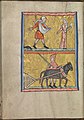 page 010v - Calendar, October, men sowing and ploughing, a woman spinning