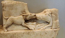 Fragment from a Thracian horseman marble relief: the hunting dog attacking the boar CavalerulTracBulgariaMadara.jpg