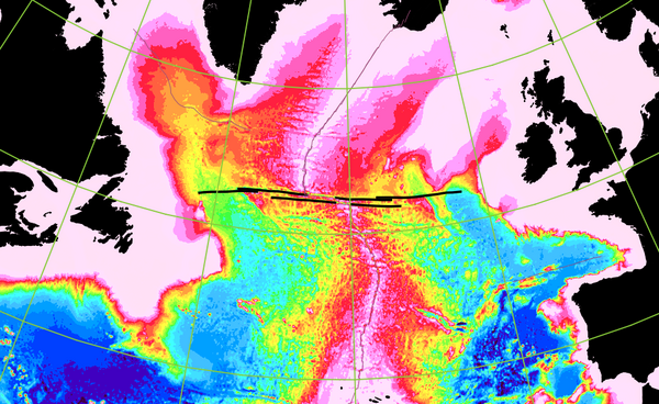 Bathymetry map of the North Atlantic Ocean showing the full extent of the Charlie-Gibbs fracture zone (horizontal black lines in the center of the image)