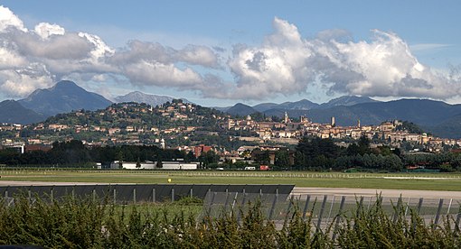 Bergamo Upper Town and Alpi Orobie from the airport