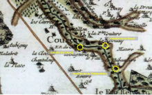 Carte ancienne en couleurs sur laquelle sont reportés les emplacements de moulins.