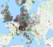 T-DAB transmitters and coverage areas in Europe, in December 2021 DAB coverage map.jpg