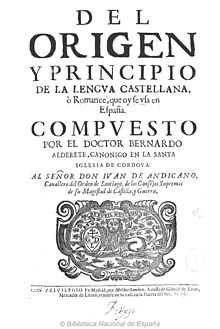 Van het oorspronkelijke principe van de lengua castellana Aldrete 1674.jpg