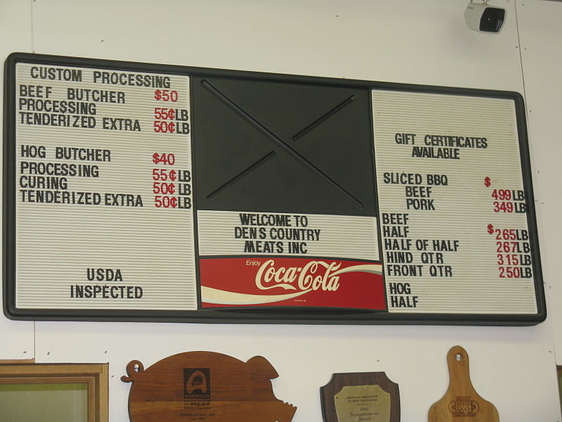 File:Den's Country Meats, price board.jpg