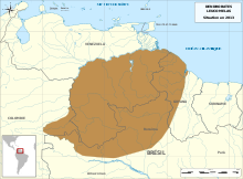 Zastoupení geografického rozšíření Dendrobates leucomelas v Brazílii, Kolumbii, Guyaně a Venezuele