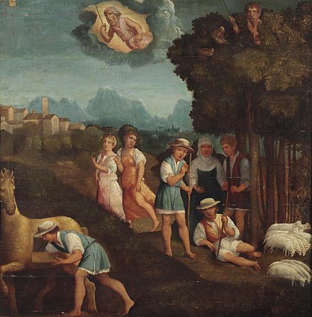 The shepherd Gyges finds the magic ring, setting up a moral dilemma. Ferrara, 16th century