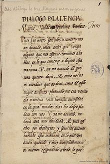 Cover page of Diálogo de la lengua. Manuscript in Biblioteca Nacional de España.