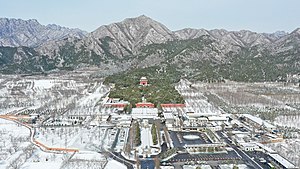 The Dingling Mausoleum after snow, where the Wanli emperor, together with his two empresses Wang Xijie and Dowager Xiaojing was buried.