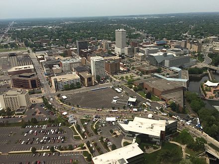 An aerial photo of Downtown South Bend