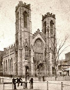 "Dr. Hutton's Church on University Place" (c. 1856-1879).
.mw-parser-output .hidden-begin{box-sizing:border-box;width:100%;padding:5px;border:none;font-size:95%}.mw-parser-output .hidden-title{font-weight:bold;line-height:1.6;text-align:left}.mw-parser-output .hidden-content{text-align:left}
More details
A "Dr. Hutton" led a Dutch Reformed congregation on "Washington Square". This church was built in 1837, and Dr. Mancius S. Hutton retired from it c. 1879. The New York Public Library marks the images as from a collection that covers 1858-1925, so the image is from 1858-1879. Dr. Hutton's Church, University Place, from Robert N. Dennis collection of stereoscopic views crop.jpg