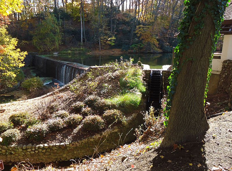 File:Echo Lake park NJ with dam and waterwheel in early autumn.JPG