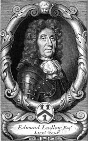 An engraved portrait of a clean-shaven man clad in armour wearing a curly wig and a jabot