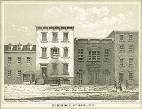 Eldridge Street Jail, second building from left. The fire station is to its right. Eldridge St. Jail, NY (George Hayward).jpg