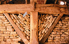 The scarf joint used on the beams above the post is known by its French name, trait de jupiter, or bolt-o-lightning joint. Entrait de ferme Montsaon.jpg