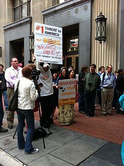 Demonstrators from the Sunlight Foundation outside Federal Election Commission offices as they discuss the application of Colbert Super PAC FEC Colbert Super PAC.jpg