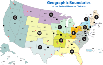 Map of the twelve Federal Reserve Districts, with the twelve Federal Reserve Districts enumerated in black circles and the twelve Federal Reserve Banks marked as black squares. Branches within each district are marked as red circles. The Washington, D.C. headquarters is marked with a star enclosed in a black circle. Federal Reserve Districts Map - Banks & Branches.png