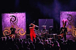 Flowing Tears performing live in 2004. From left to right: Benjamin Buss, Helen Vogt, Stefan Gemballa, Frédéric Lesny.