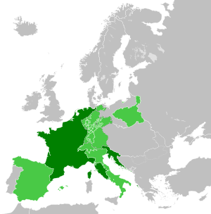 Map of Europe. French Empire shown as bigger than present day France as it included parts of present-day Netherlands and Italy.