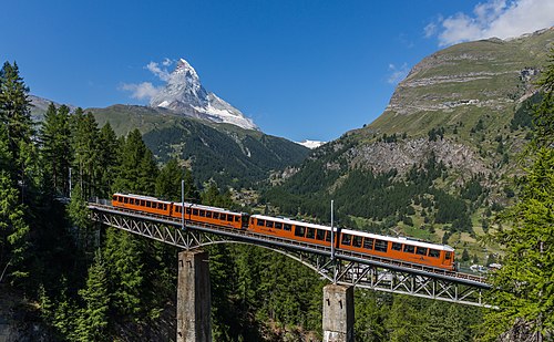 Passenger train on the Findelbach bridge near Zermatt, Switzerland.