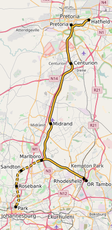 Gautrain route. The striped section is underground. Gautrain map on OSM base.svg