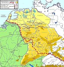 A map depicting the short-lived Roman province of Germania Antiqua, situated between the Rhine and Elbe rivers, a region which the early Roman Empire attempted to conquer and control Germania romana.jpg