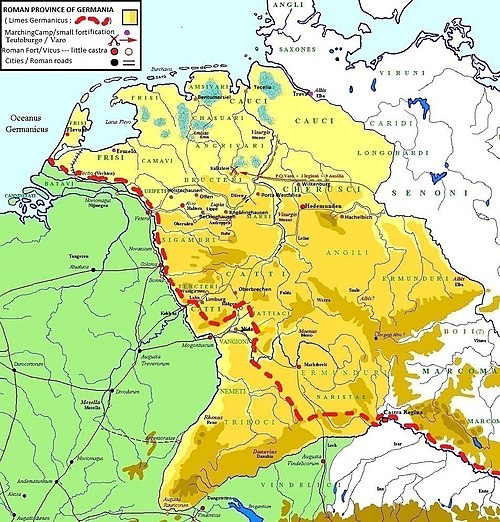 The Roman province of Germania, in existence from 7 BCE to 9 CE. The dotted line represents the Limes Germanicus, the fortified border constructed fol
