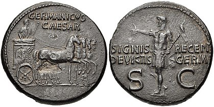 Coin showing Germanicus holding an Aquila