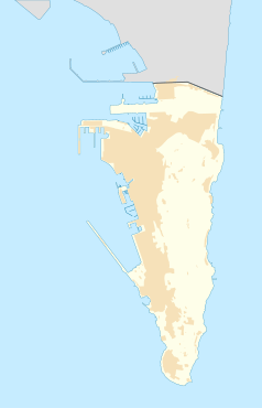 Mapa konturowa Gibraltaru, na dole po prawej znajduje się punkt z opisem „Jaskinia Gorhama”