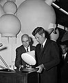 Gilruth, Kennedy, Johnson, model of the Apollo Command Module 1962